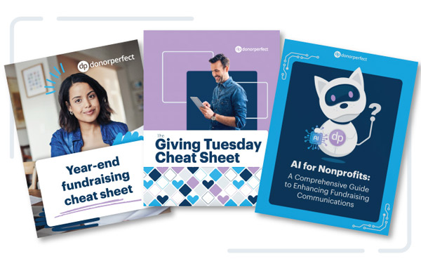 Year End Ebook Bundle, mockups of ebooks, Year end fundraising cheat sheet, giving tuesday cheat sheet, and the ai fundraising guide