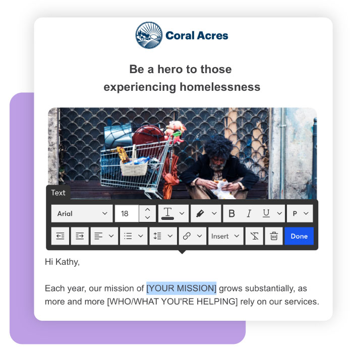 Constant Contact Email Editor, email sharing impact story being edited