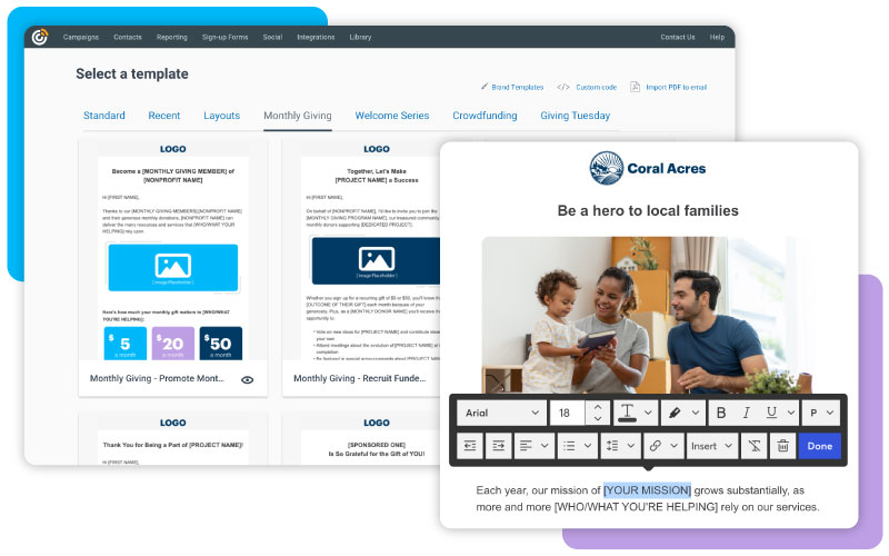 Constant Contact DonorPerfect exclusive template library and easy to use email editor screenshot
