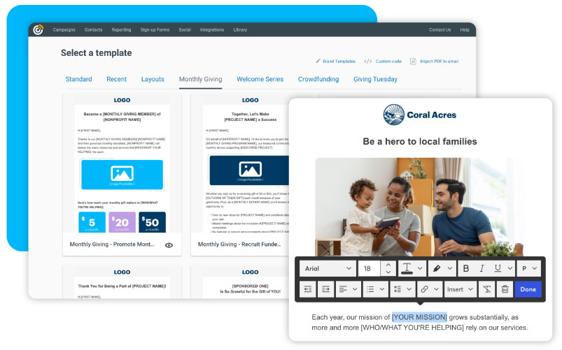 Constant Contact DonorPerfect exclusive template library and easy to use email editor screenshot