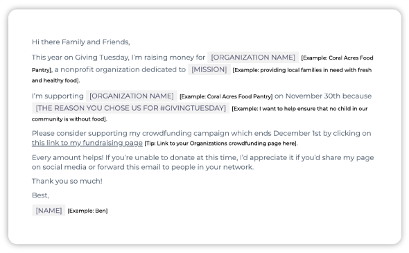 Giving Tuesday email template mockup for crowdfunders