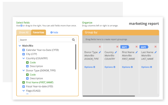 Screenshot of drag and drop donor segment builder screen, with sort order selectors. Example filter criteria include donor type, city, state, country, first name, last name, fiscal year-to-date.