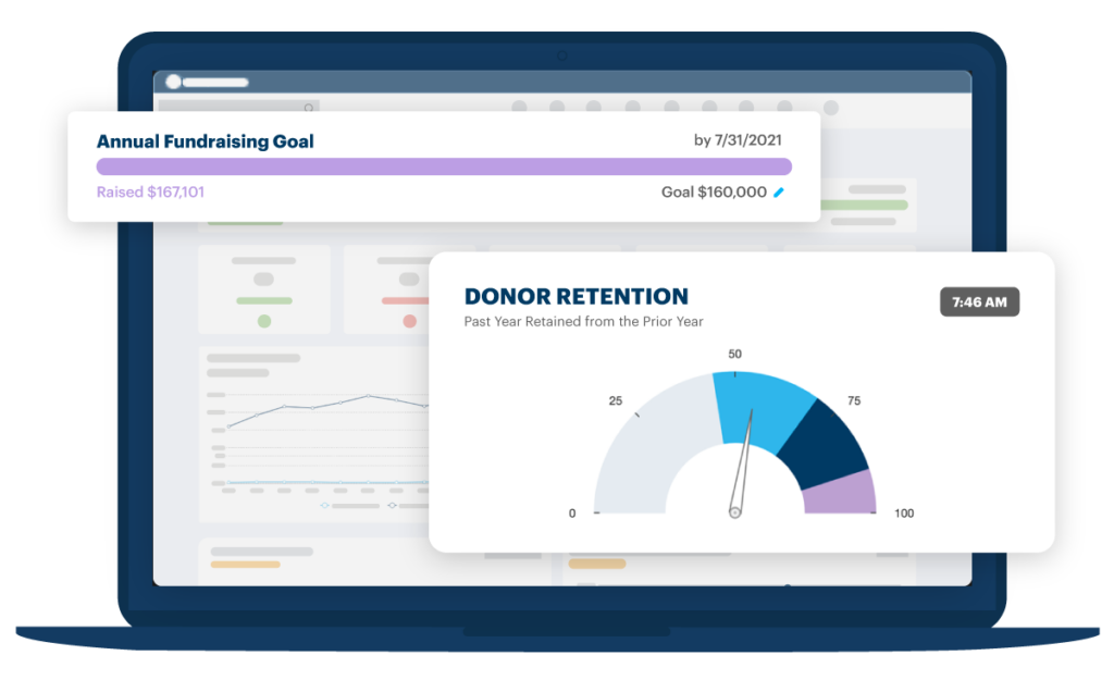 DonorPerfect dashboard mockup on laptop