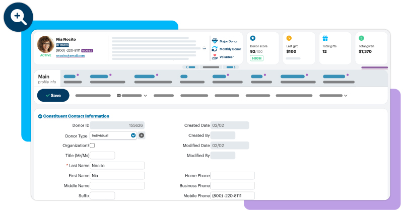 Mockup of the DonorPerfect donor profile screen.
