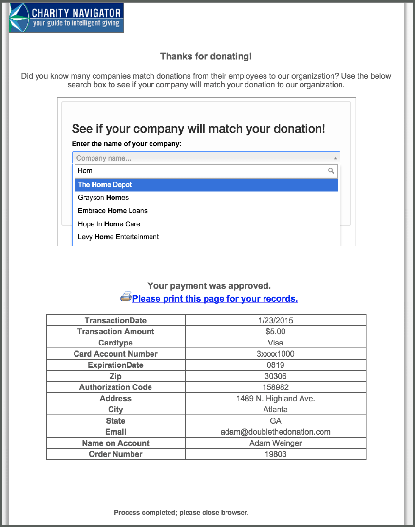 Confirmation Matching Gift Search Example