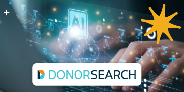 Hands are typing on a keyboard with AI symbols surrounding them. A Donor Search logo is in the foreground.