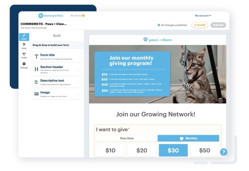 DonorPerfect online form builder screenshot
