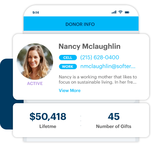 Mockup of the DonorPerfect mobile app