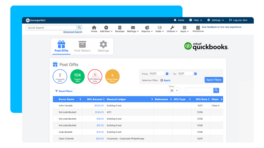 DonorPerfect and Quickbooks integration screen