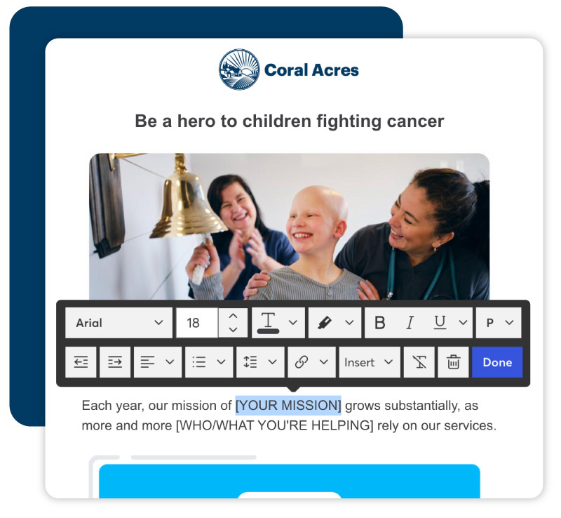Constant Contact email editor, help children fighting cancer