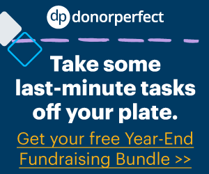 Promotion for the DonorPerfect End of Year Fundraising Bundle. Text says: "Take some last-minute tasks of your plate"