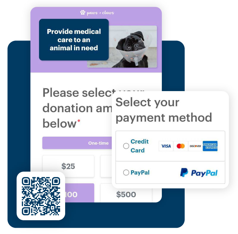 DonorPerfect Online Form Screenshot featuring paypal payments and qr code sharing