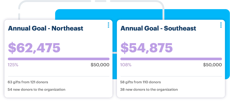 DonorPerfect Fundraising Goals showing two goals fully met.