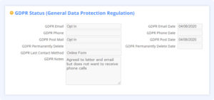 DonorPerfect System GDPR Status Screenshot