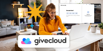 A woman working in a home office with a givecloud form in the forground. The Givecloud log is in the foreground as well.