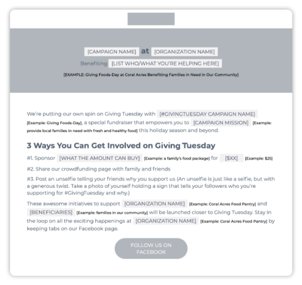 Image of the Giving Tuesday campaign launch email. 