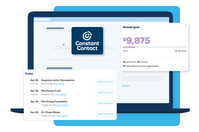 DonorPerfect Dashboard featuring, goals, to dos and constant contact included