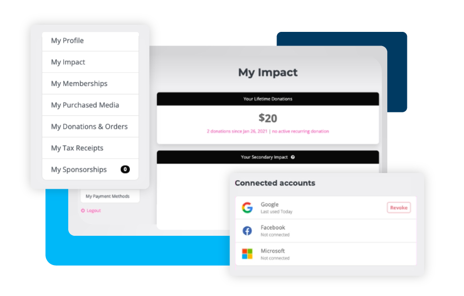 screens showing how donors can update their payment details, access tax receipts and review their giving history