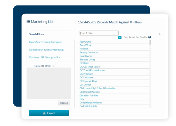 DonorSearch marketing list screen