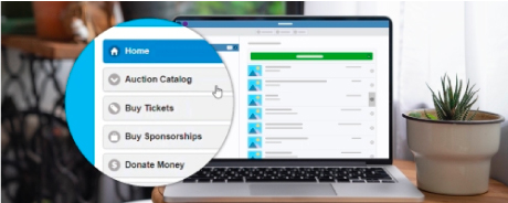 ReadySetAuction screenshot of sidebar menu offering catalog, buy tickets, buy sponsorships, or donate money