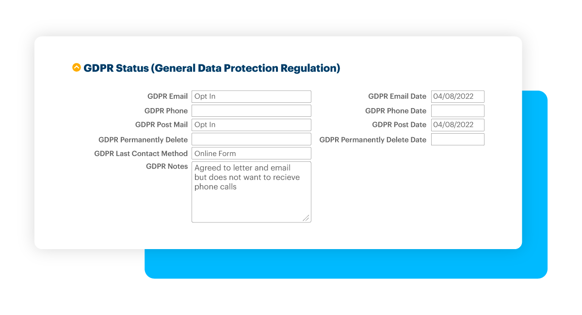 GDPR Status (General Data Protection Regulation) Screen