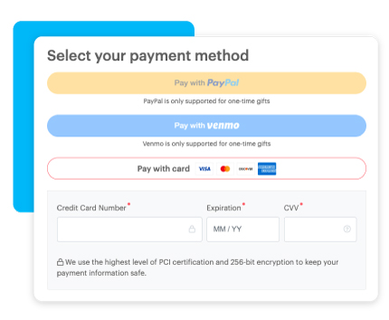 Image of the select your payment method screen on DonorPerfect