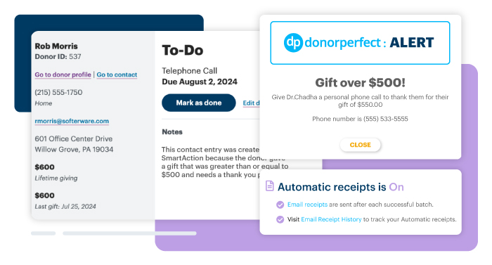 DonorPerfect SmartActions showing a girt alert, contact notice, and automatic receipting