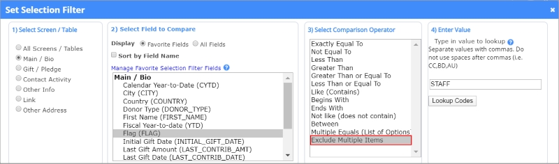 the new Exclude Multiple Items operator means no more compound filters to manage donor data