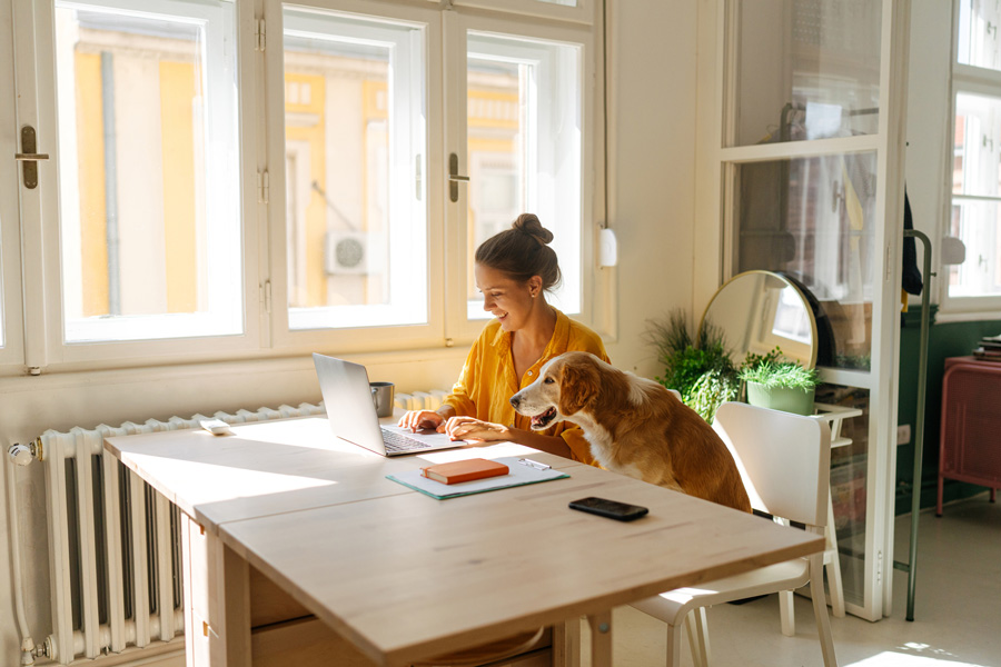 A woman and a dog sitting at a laptop