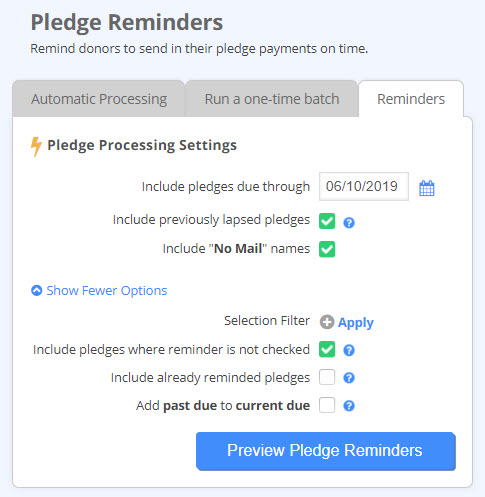Pledge Reminders settings screen