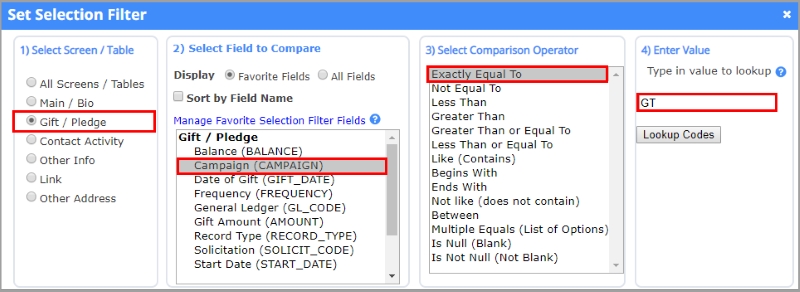 Setting Selection Filter parameters in the Statistical Tabulation report