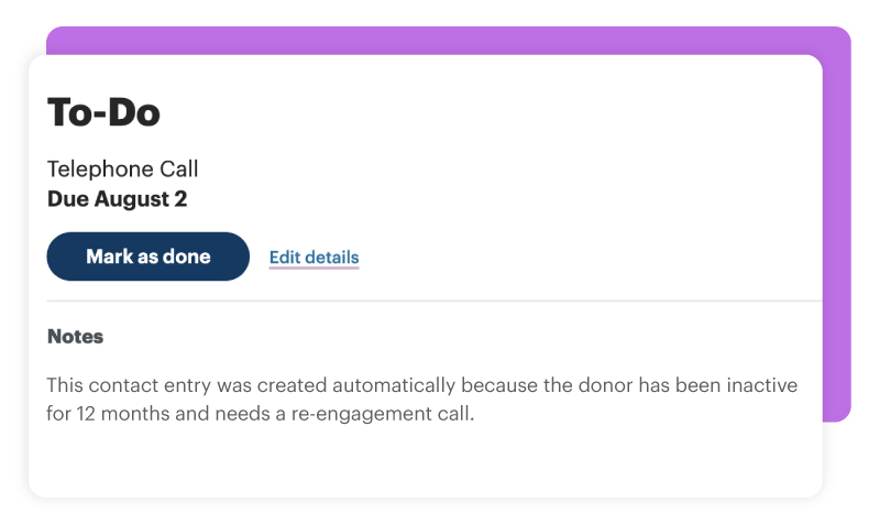 DonorPerfect donor outreach scheduled based on inactivity 