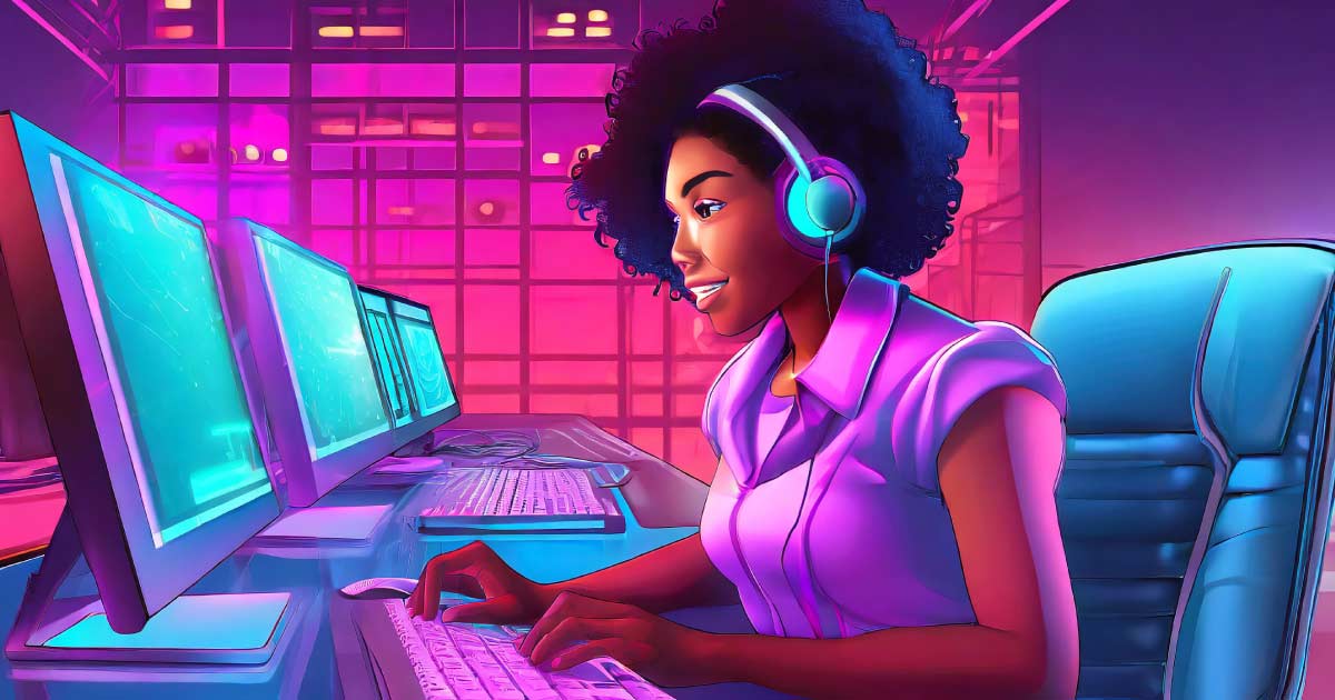 AI generated image of a woman working on a computer