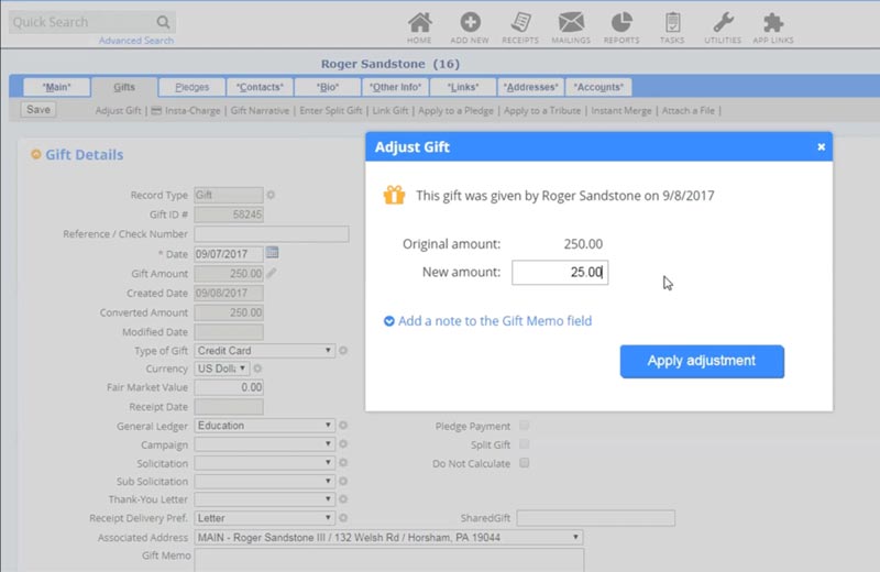 Once you enter a gift, the gift amount field becomes read-only. Click the edit icon next to the gift amount field to adjust gifts.