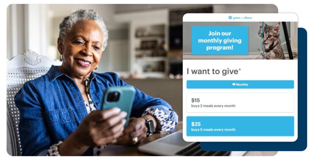 Senior woman using smartphone at kitchen table. donating to donorperfect online donation form