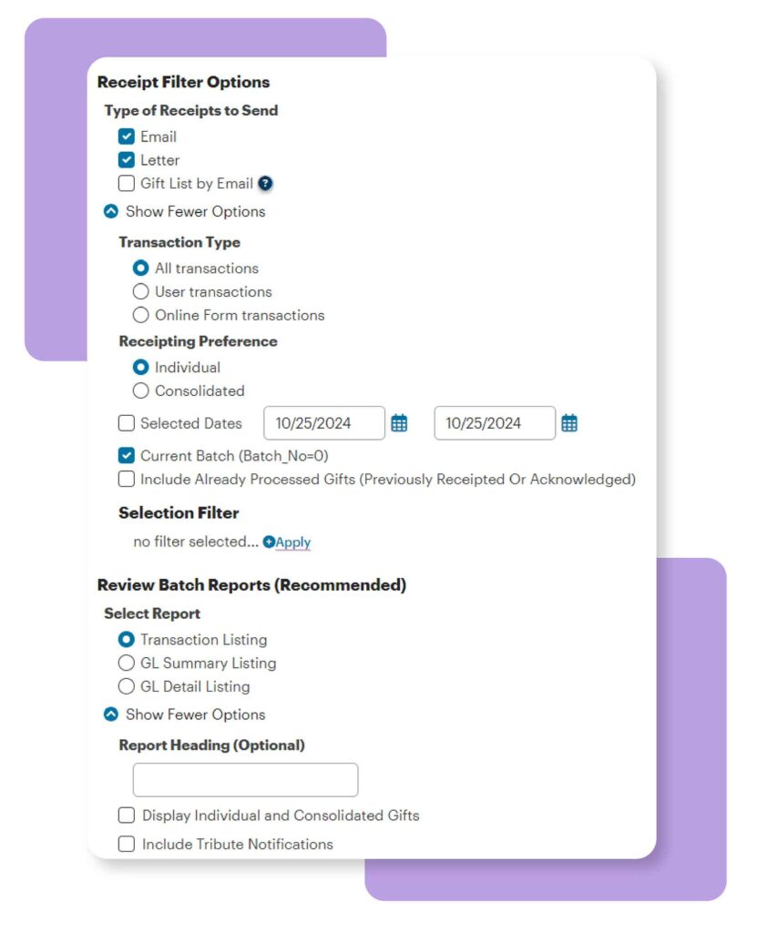 A preview of receipting in the Canadian DonorPerfect.