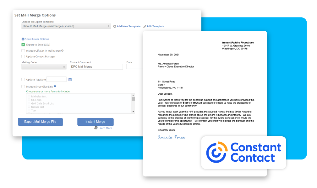 DonorPerfect and Constant Contact mail merge