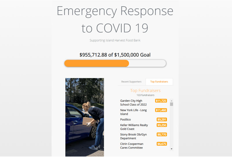 Screenshot of Island Harvest Food Bank's Emergency Response to COVID-19 Online Fundraising Form with donation goal thermometer