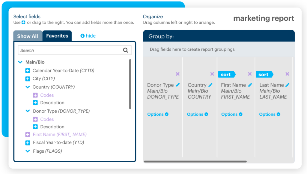 The custom report builder in DonorPerfect.