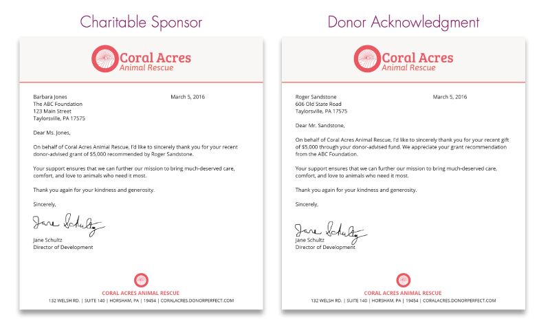 Side-by-side comparison between charitable sponsor thank you letter and individual donation acknowledgement letter