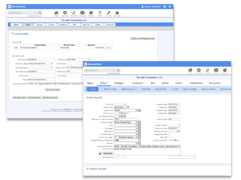 Screenshot of DonorPerfect Fundraising CRM soft-credit entry for donor advised fund pledges and gifts