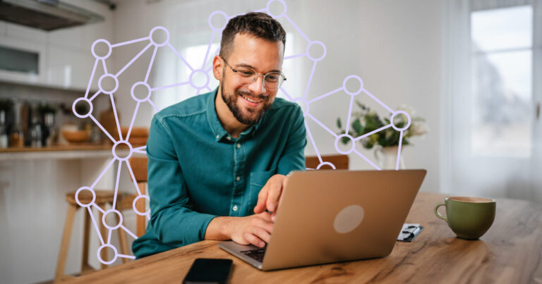 Man on computer with connection lines surrounding him