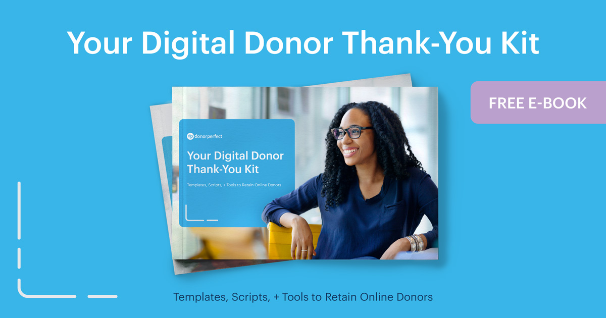 mockup of ebook with title Your Digital Donor Thank-You kit (free e-book)