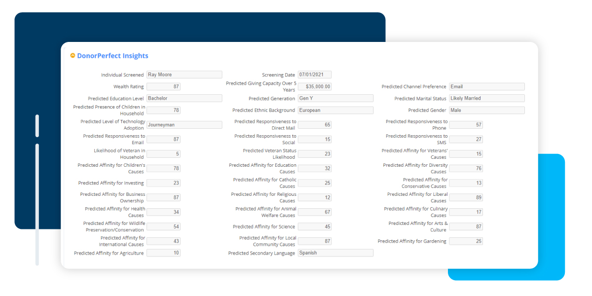 Screenshot of donor demographic profile