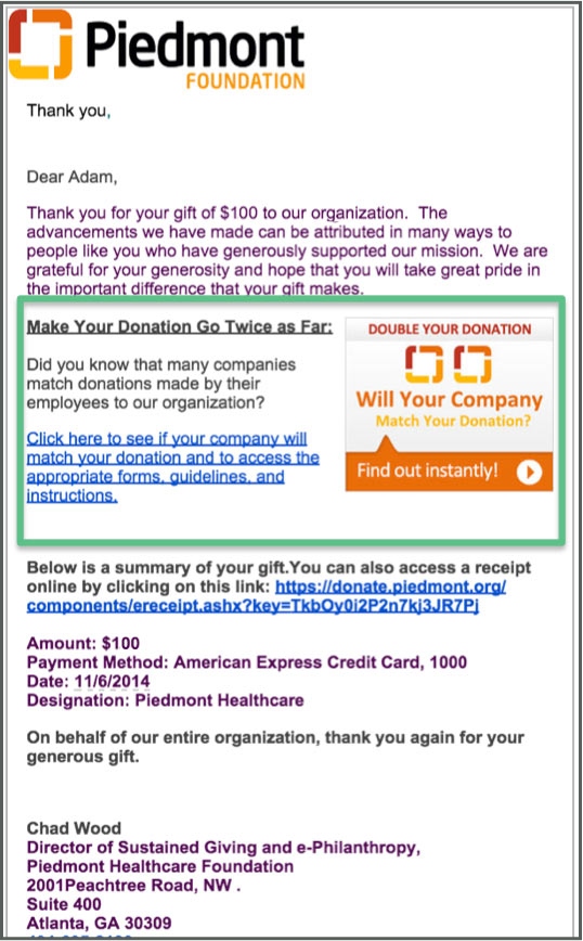 Matching Gift Donation Confirmation Email Example