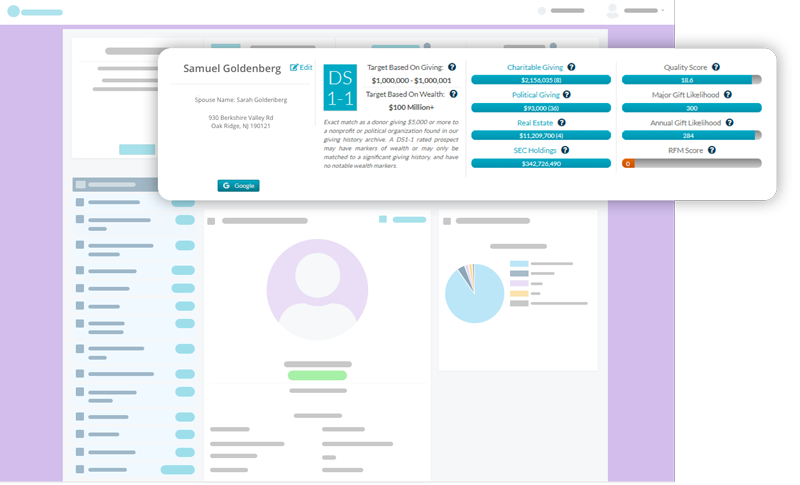 Screenshot: DonorSearch Wealth Screening Integration for DonorPerfect Fundraising CRM finding potential major donor