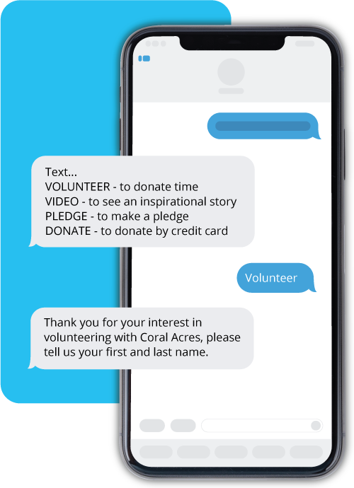 Mobile phone screen example fundraising dialogue for text-to-donate feature