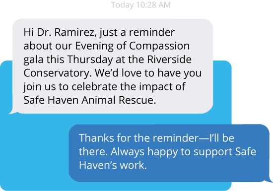 A text conversation between a fundraiser and a major donor using DP Text