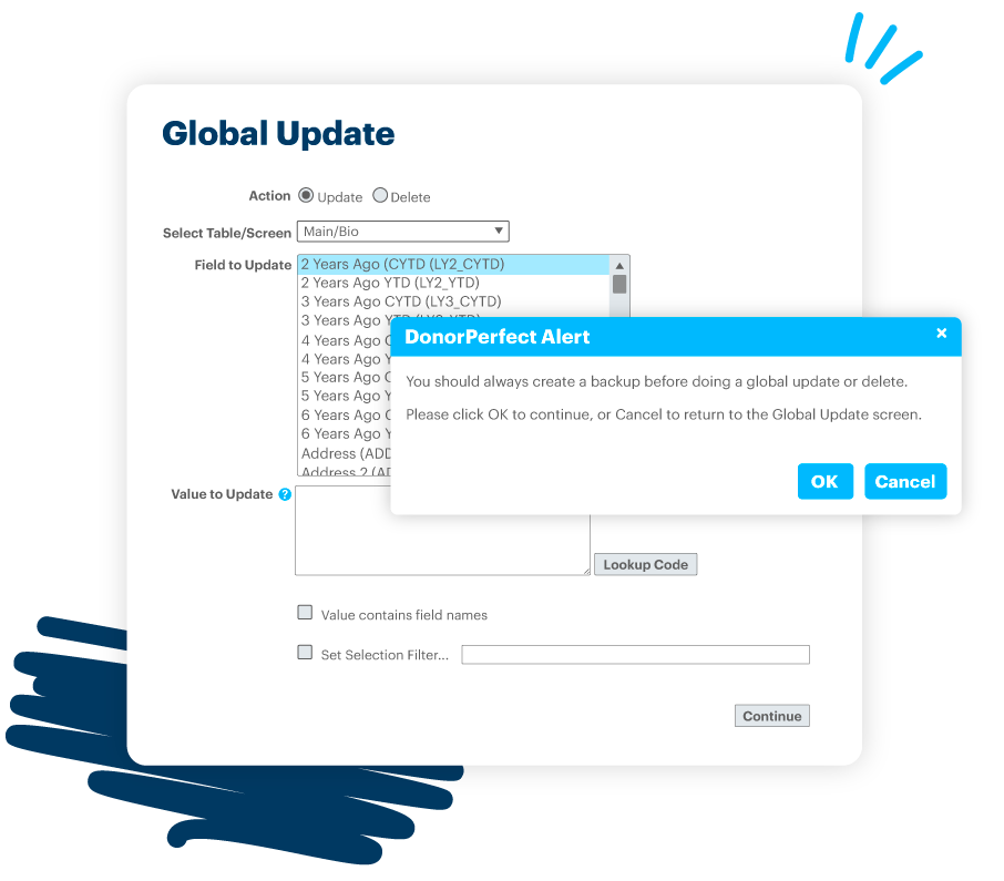 Global update feature in DonorPerfect with alert message