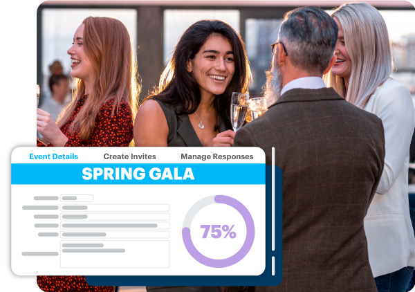 Image of DonorPerfect's event management tool overlaid on top of a Spring Gala Event